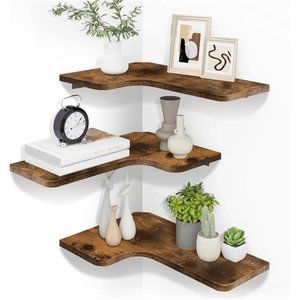 Corner Floating Shelves with Cord Hole, Set of 3 Wood Wall Shelves Rustic Brown